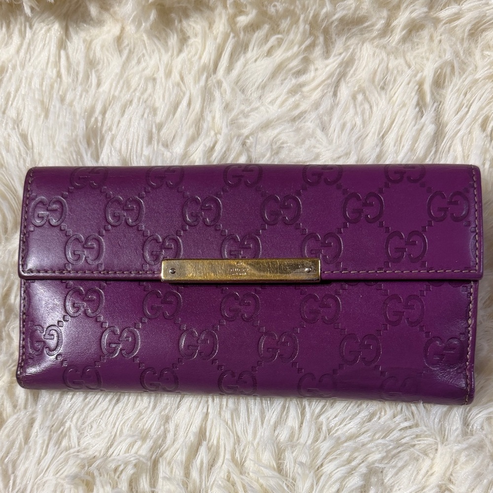Gucci Purple Embossed GG Continental Wallet with Gold Plate